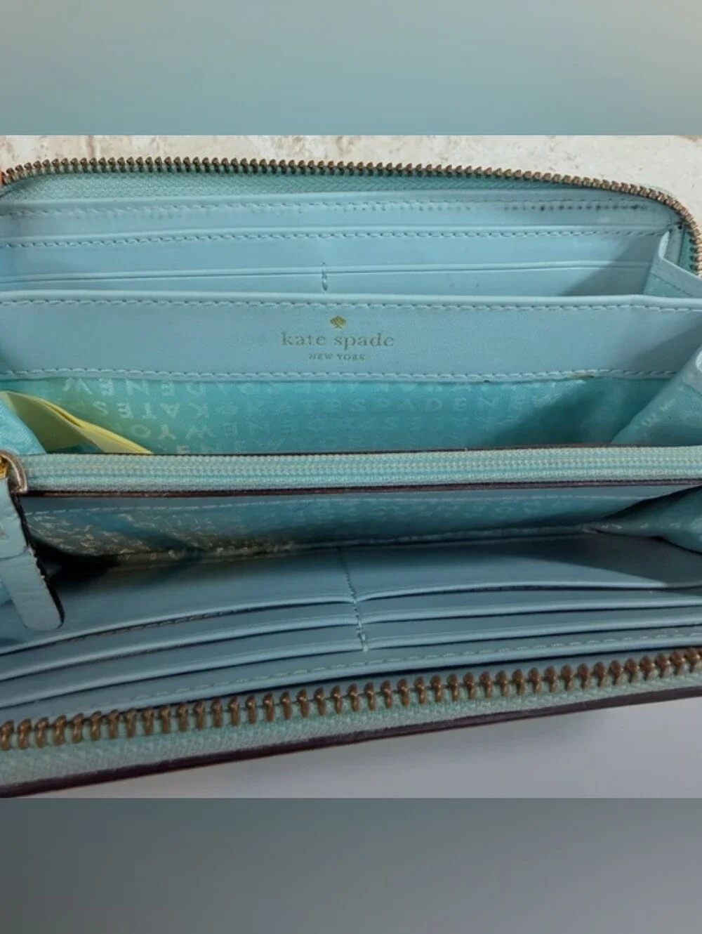 Kate Spade Mint Green Leather Zip Wallet with Gold Studs